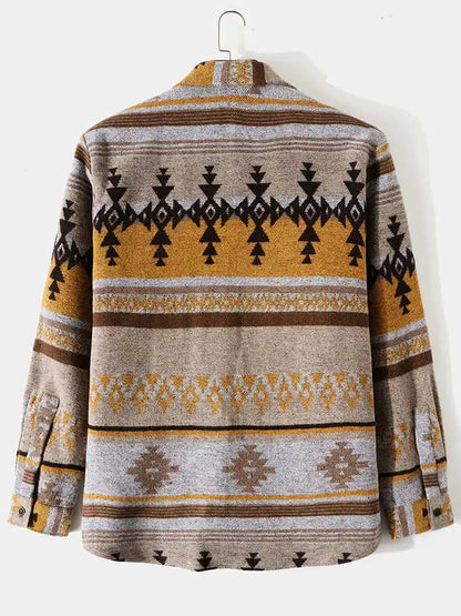 maoxiangshop Men's Shirts Tribal Geometric Pattern Blend Wool Long Sleeve Warm Shirt Coat Vintage Clothes Shacket Autumn Winter Blouse