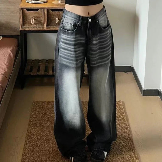maoxiangshop  -  Baggy America Woman Jeans Y2k Korean Fashion High Street Wide Leg Denim Pants Casual Vintage Autumn Thick Trousers
