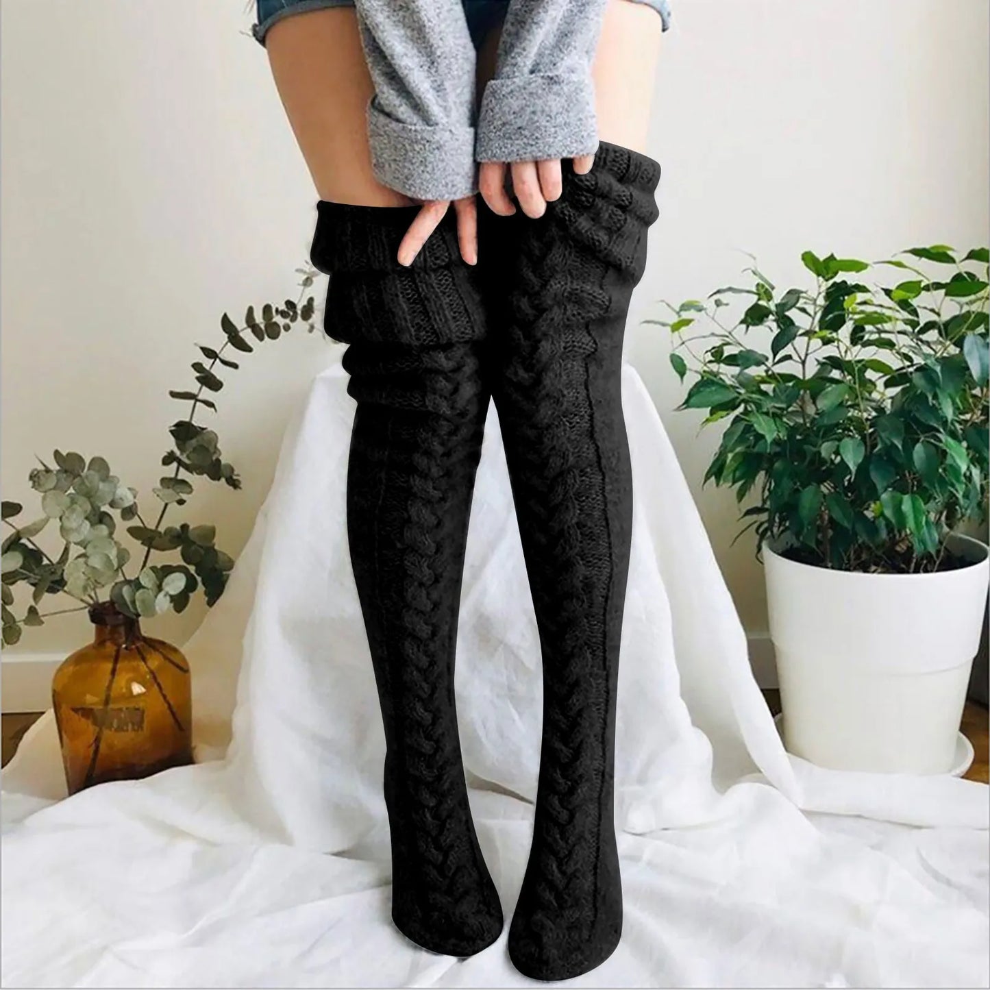 maoxiangshop Women Socks Christmas solid Long Over The Knee Cotton Socks High Long Winter Knitting Over Knee Xmas Knit carpet Socks