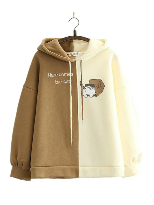 maoxiangshop Fleece Women Hooded Sweatshirt Harajuku Cartoon Print And Letter Embroidery Casual Hoodies Winter Full Sleeve Warm Top