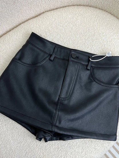 maoxiangshop Spring Summer Black Short Sexy Soft Mini Faux Leather Skirt Women with Pockets High Waist Hot Girl Runway Fashion