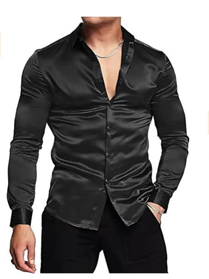 maoxiangshop Men's luxurious shiny silk satin dress shirt Long sleeved casual slim muscle button-down shirt Plus size S-3XL