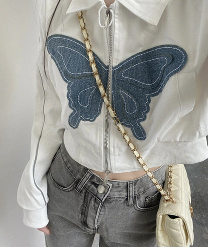 Harajuku Turn-down Collar Zip Up Jacket Women Crop Tops Y2k Vintage Butterfly Embroidery Denim Patchwork Jacket Coat Streetwear