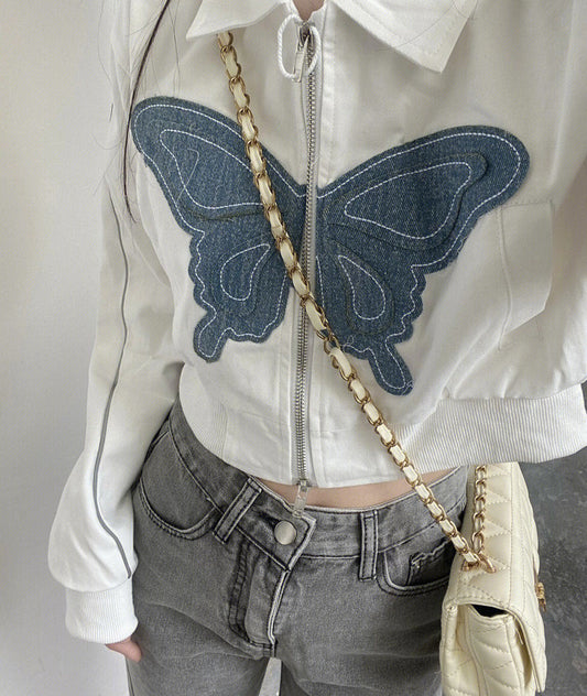 Harajuku Turn-down Collar Zip Up Jacket Women Crop Tops Y2k Vintage Butterfly Embroidery Denim Patchwork Jacket Coat Streetwear