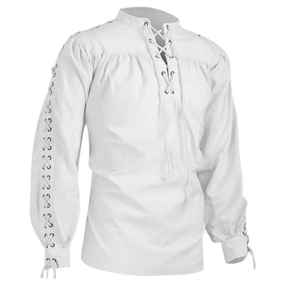 maoxiangshop Shirts Men Tunic Viking Pirate Costume Gothic Clothes Men Vintage Shirt Ruffle Neckline Drawstring Knight Cosplay Top