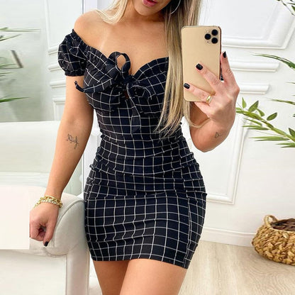 maoxiangshop New Short Sexy Sleeve Mini Dress Women Summer Off Shoulder Bow Plaid Print Elegant Party Bodycon Dresses For Women