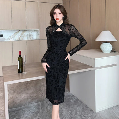 maoxiangshop Vintage Sexy Black Lace Long Sleeve Midi Dresses Women Spring Autumn Korean Elegant Fashions Evening Party Female Clothing