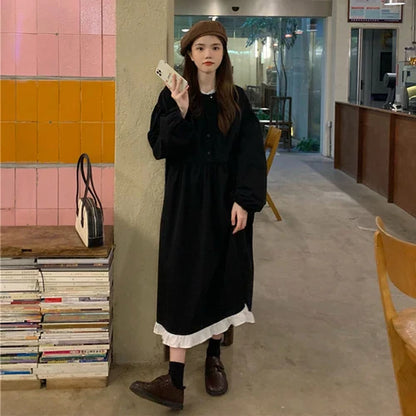 maoxiangshop Autumn New Korean Style Dress Women Ruffles Patchwork O Neck Long Sleeve Dresses Slim Waist Elegant Vestidos Mujer