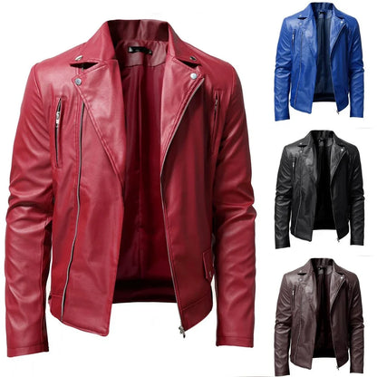 maoxiangshop WELL DRESSED MEN Men PU Leather Jacket Solid Color Casual Slim-Fit Zipper Long Sleeve Turn-Down Collar Motorcycle Leather JacketCoat Men Clothing