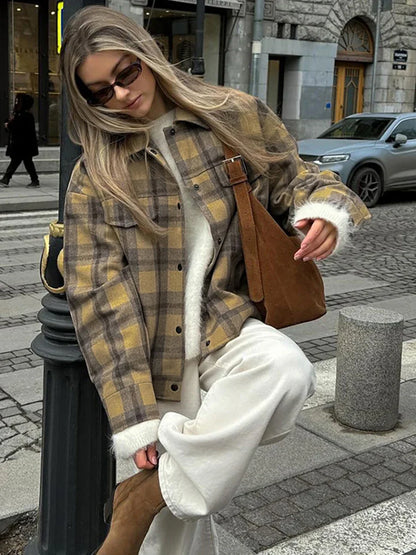 maoxiangshop  -  2024 New Plaid Contrast Jacket Women Autumn Winter Single Breasted Long Sleeve Outerwear Female Streetwear Vintage Fashion Coat