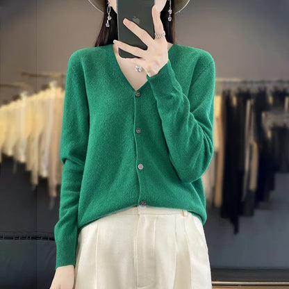 maoxiangshop New Fashion Spring Autumn 100% Merino Wool Women's V-neck Cardigan Cashmere Sweater 2024 Female Knitwear Clothing Korean Tops