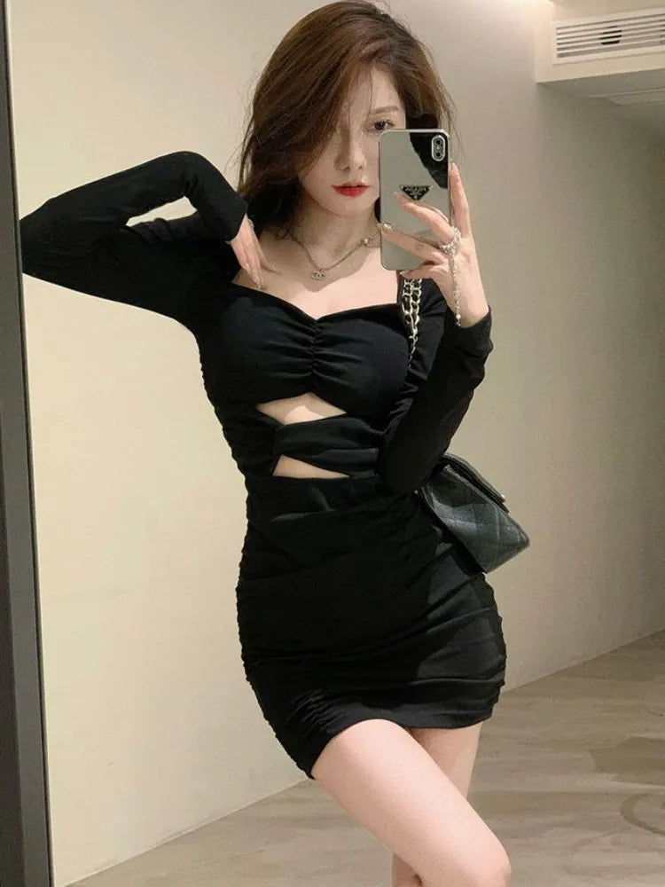 maoxiangshop Mini Dresses Women Sexy Slim Design Hot Girls Creativity Spring Folds Simple Chic Pure Club Ulzzang Leisure Vestidos Personality