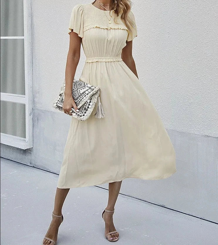 maoxiangshop Spring Summer Sweet Solid Women Puff Short Sleeve O Neck High Waist Holiday Style Long Dress