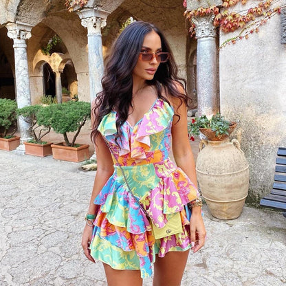 maoxiangshop Summer Floral Print Dress Women Party Dress New Arrival Elegant Ruffle Dress Mini Slip Dress Backless Sexy Club Beach Dress