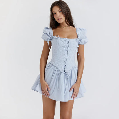 Summer Detachable Puff Sleeve Corset Dress Mini Elegant Blue Square Neck Dress Casual Women Holiday Party Dress