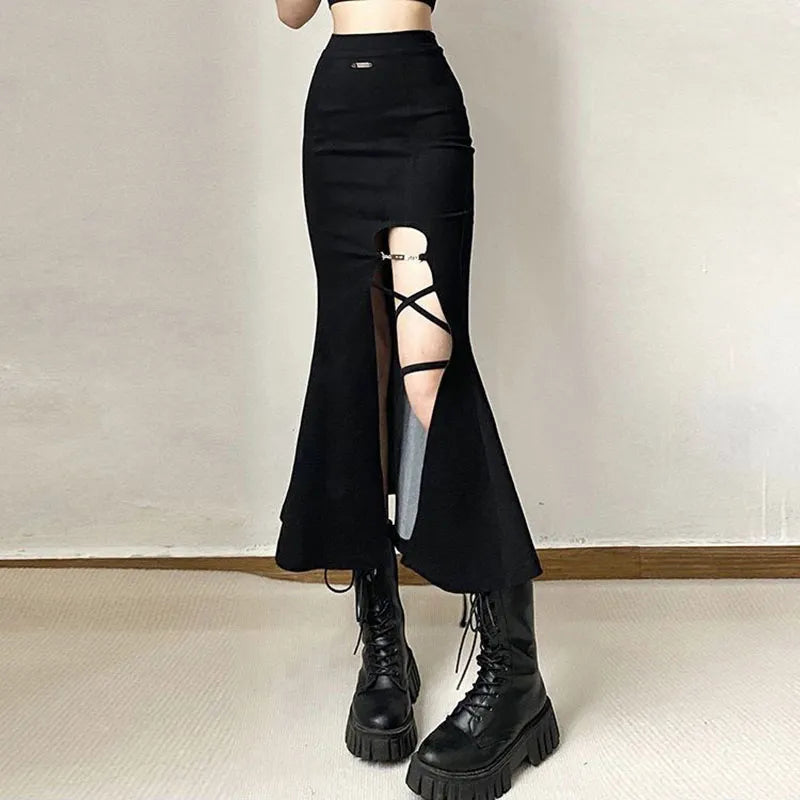 maoxiangshop High Waist Women Mermaid Skirts American Style Designed Bandage Split Midi Skirt Y2K Fashion Streetwear Female Skirts Spring New