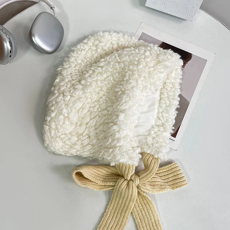 maoxiangshop  -  Lamb Wool Beanies for Women Winter Plush Warm Pullover Hats Thickened Windproof Ear Protection Cap Red Steeple Christmas Bonnets