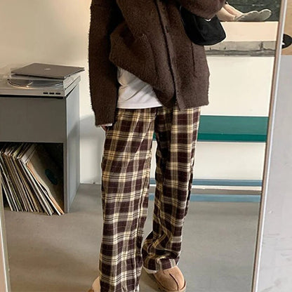 maoxiangshop High Waist Women's Brown Plaid Pants Streetwear Oversize Wide Leg Checkered Trousers Woman Loose Y2K Retro Sweatpants Mujer