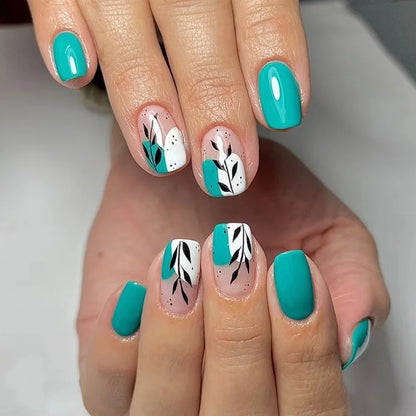 maoxiangshop 24Pcs Blue Flower False Nails Almond Cute Heart with French Design Detachable Fake Nails Artificial Press on Nails Tips Art