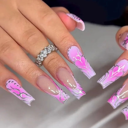 maoxiangshop 24Pcs Long Ballet False Nails Long French Fake Nails with Heart Designs Wearable Coffin Press on Nails Full Cover Nail Tips