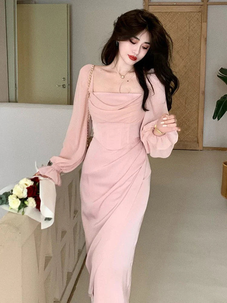 Autumn Solid Elegant Fairy Dresses Women Casual Party Fashion Korean One Piece Dress Female Lace Vintage Chic Midi Dresses