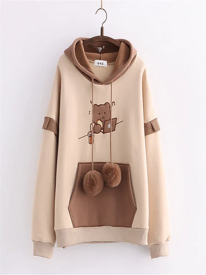 maoxiangshop Sweet Style Kawaii Print Graphic Fleece Women Hoodies Winter Harajuku Cute Drawstring Hoody Sweatshirt Female Pullover Top