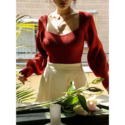 Vintage Square Neck Sweater Women Elegant Solid Knitted Pullovers Korean Slim Knitwear Streetwear All Match Jumper Tops