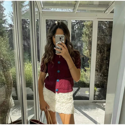 maoxiangshop  -  Knitted Short Cardigan Women Casual Single Breasted Sweater Female 2024 Autumn Sweater Short Sleeve Knitwear Coat