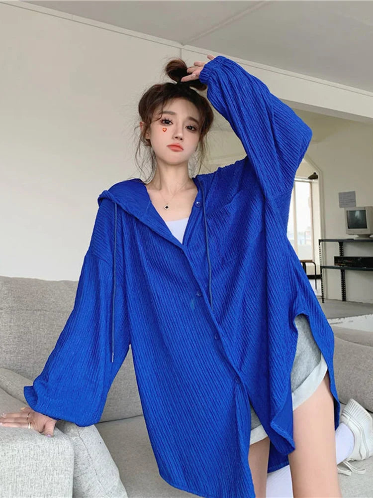 Lazy Wind Oversize Sun-Proof Shirt Women Casual Korean Hoodies Tops Long Sleeve Loose Preppy Style Summer Blouse Coats New