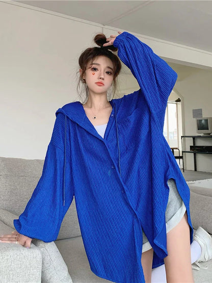 Lazy Wind Oversize Sun-Proof Shirt Women Casual Korean Hoodies Tops Long Sleeve Loose Preppy Style Summer Blouse Coats New
