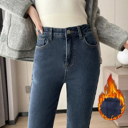 maoxiangshop Fashion New Women Warm Plush Flared Jeans Thermal Fleece Loose Denim Pants Female High Waist Urban Straight Flare Trouser