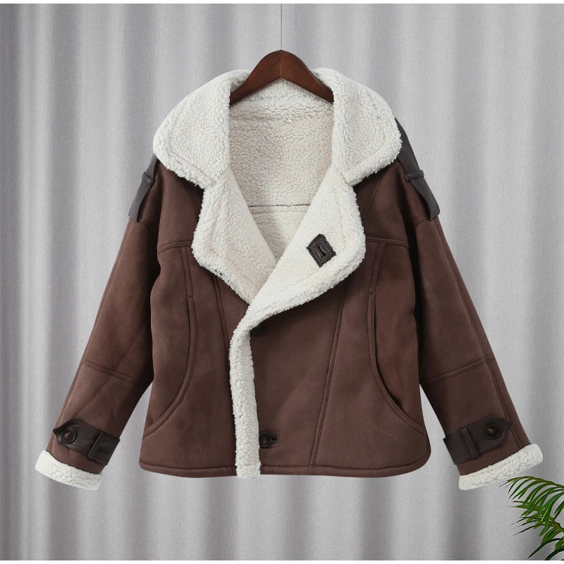 maoxiangshop  -  Winter Thick Faux Leather Spliced Jacket Women Casual Loose Long Sleeve Single Breasted Lapel Coat Winter Warm Street Streetwear