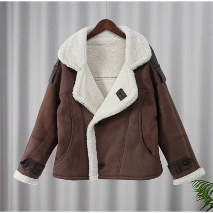 maoxiangshop  -  Winter Thick Faux Leather Spliced Jacket Women Casual Loose Long Sleeve Single Breasted Lapel Coat Winter Warm Street Streetwear