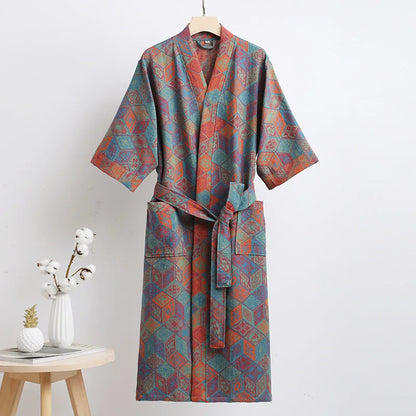 Couple's Dressing Gowns Vintage Print Loungewear Double Layer of Cotton Bathrobes Women's Pajamas Absorb Water and Dry Quickly