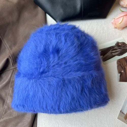 maoxiangshop New Fashion Rabbit Fur Y2k Beanies for Women Soft Warm Fluffy Angola Winter Hat Female Windproof Bonnet Hat Skullies Cap