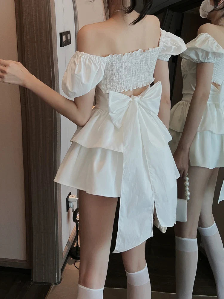 White Sexy Backless Mini Dress Women Korean Fashion Casual Elegant Party Dress Female Ruffle Kawaii Lolita Party Y2k Dress