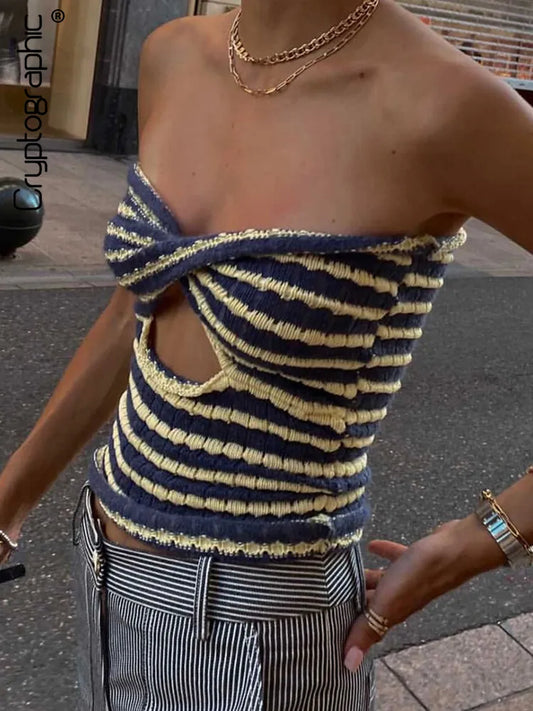 Cryptographic Knitted Sweaters Cut Out Sexy Strapless Crop Tops for Women Fashion Backless Striped Cropped Tanks Top Streetwear
