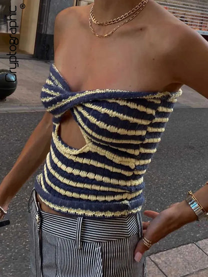 Cryptographic Knitted Sweaters Cut Out Sexy Strapless Crop Tops for Women Fashion Backless Striped Cropped Tanks Top Streetwear