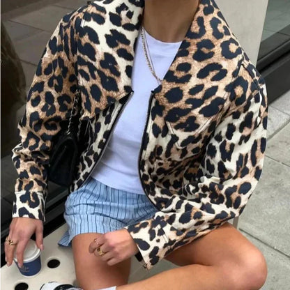 maoxiangshop  -  Vintage Leopard Print Bomber Jacket Women Elegant Lapel Long Sleeves Zipper Pockets Lady Coat 2024 Autumn High Street Streetwear