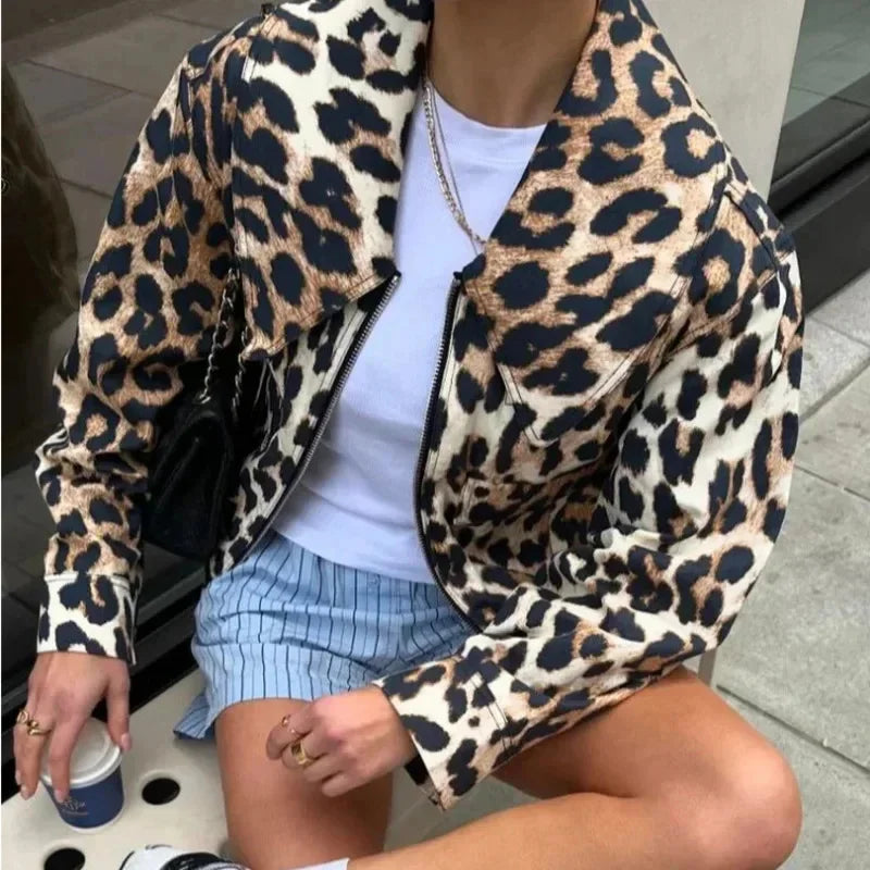 maoxiangshop  -  Vintage Leopard Print Bomber Jacket Women Elegant Lapel Long Sleeves Zipper Pockets Lady Coat 2024 Autumn High Street Streetwear