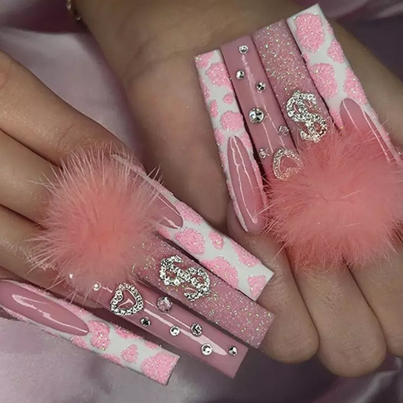 24Pcs French Long Ballet Nails Set Press on Long False Nails with Pink Rhinestone Wearable Coffin Fake Nails Full Cover Nail Tip