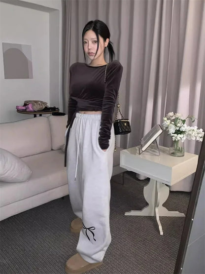 maoxiangshop -  Korean Fashion Fleece Sweatpants Women Y2K Bow Print Brushed Pants Oversized Winter Fairycore Wide Leg Joggers Pants