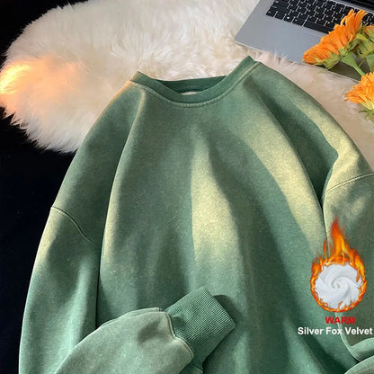 maoxiangshop American Washed Old Pullovers Sweatshirts Men Loose Solid Color Autumn Large Size Warm O Neck Tops Hip Hop Y2k Sweatshirt