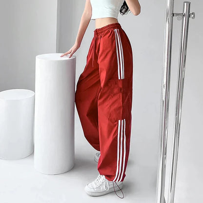 Striped Sweatpants Women Hip Hop Streetwear Baggy Wide Leg Cargo Pants Bf Y2K High Waist Drawstring Joggers Trousers