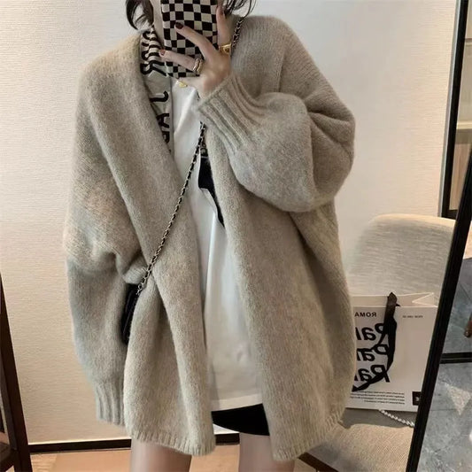 maoxiangshop Autumn Winter Thicken Warm Women Cardigan Sweater Korean Lazy Wind Soft All Match Cardigans Tops Solid Loose Knitted Coats