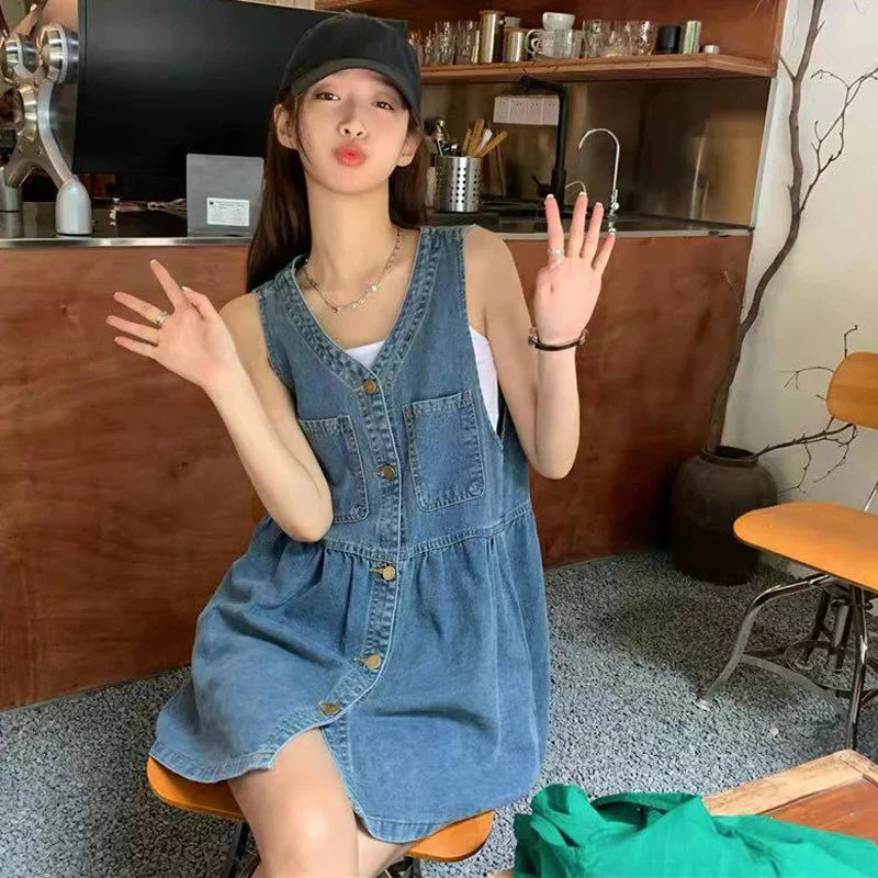 Biyaby Sleeveless Strap Dress Women 2024 Summer Single-Breasted Pockets Denim Dresses Woman Korean Style Loose A Line Mini Dress