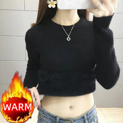 maoxiangshop Turtleneck Winter Sweater Women Elegant Thicken Velvet Lined Warm Sueter Fleece Knitted Pullover Slim Top Jersey Knitwear Jumper