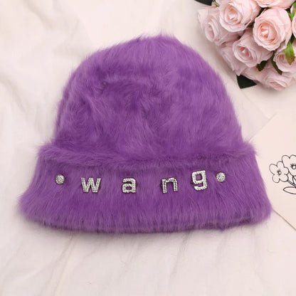 maoxiangshop New Fashion Rabbit Fur Y2k Beanies for Women Soft Warm Fluffy Angola Winter Hat Female Windproof Bonnet Hat Skullies Cap