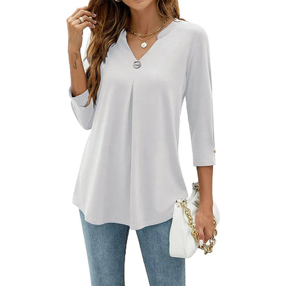 maoxiangshop Womens Autumn V Neck 3/4 Sleeve Shirts Business Casual Tops Loose Work Tunic Blouse