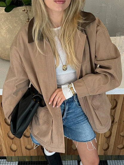 maoxiangshop  -  Casual Leather Lapel Jackets Women Vintage Khaki Zipper Pockets Jacket Coat Female Autumn Winter Chic High Street Outwear